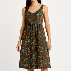 Tiered Dress 100% Cotton Babydoll Empire Yoke Boho Botanical Brown Teal Pink XL